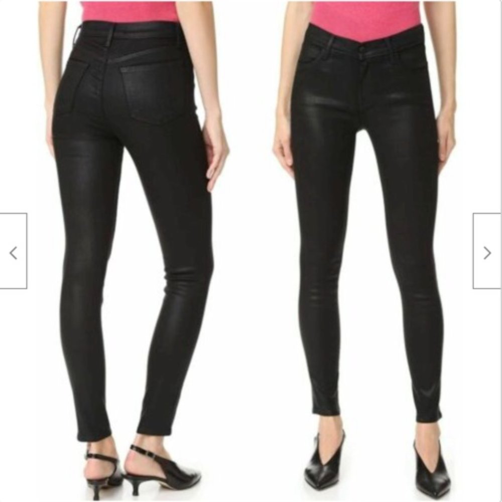 J Brand Coated "Super Skinny" Shiny Waxed Jeans, Black, Size 28